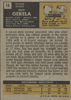 1971 Topps #14 - Roy Gerela - Houston Oilers - Back 1971 Topps #14 - Roy Gerela - Houston Oilers - Back