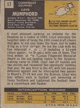 1971 Topps #17 - Lloyd Mumphord - Miami Dolphins - Back