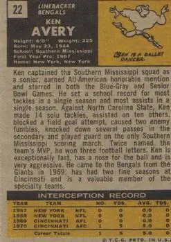 1971 Topps #22 - Ken Avery - Cincinnati Bengals - Back 1971 Topps #22 - Ken Avery - Cincinnati Bengals - Back