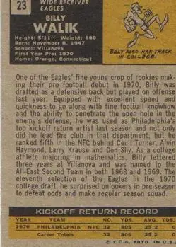 1971 Topps #23 - Billy Walik - Philadelphia Eagles - Back