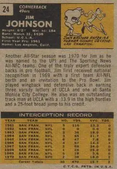 1971 Topps #24 - Jim Johnson - San Francisco 49ers - Back