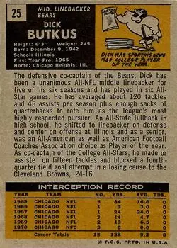 1971 Topps #25 - Dick Butkus - Chicago Bears - Back 1971 Topps #25 - Dick Butkus - Chicago Bears - Back