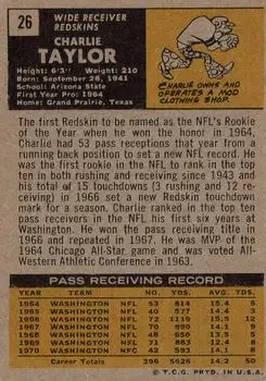 1971 Topps #26 - Charley Taylor - Washington Redskins - Back 1971 Topps #26 - Charley Taylor - Washington Redskins - Back
