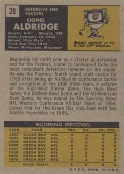 1971 Topps #28 - Lionel Aldridge - Green Bay Packers - Back 1971 Topps #28 - Lionel Aldridge - Green Bay Packers - Back