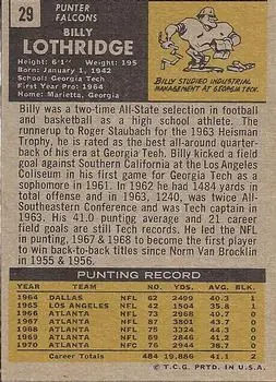 1971 Topps #29 - Billy Lothridge - Atlanta Falcons - Back
