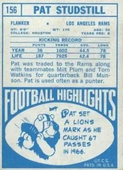 1968 Topps #156 - Pat Studstill - Los Angeles Rams - Back