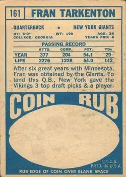 1968 Topps #161 - Fran Tarkenton - New York Giants - Back 1968 Topps #161 - Fran Tarkenton - New York Giants - Back