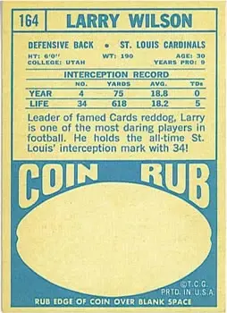 1968 Topps #164 - Larry Wilson - St. Louis Cardinals - Back 1968 Topps #164 - Larry Wilson - St. Louis Cardinals - Back