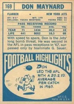 1968 Topps #169 - Don Maynard - New York Jets - Back 1968 Topps #169 - Don Maynard - New York Jets - Back
