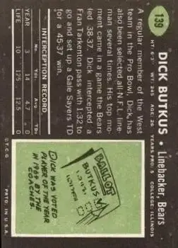 1969 Topps #139 - Dick Butkus - Chicago Bears - Back