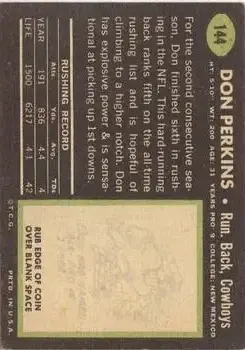 1969 Topps #144 - Don Perkins - Dallas Cowboys - Back 1969 Topps #144 - Don Perkins - Dallas Cowboys - Back