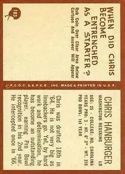 1967 Philadelphia #183 - Chris Hanburger - Washington Redskins - Back 1967 Philadelphia #183 - Chris Hanburger - Washington Redskins - Back