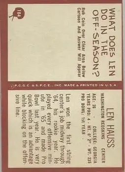 1967 Philadelphia #184 - Len Hauss - Washington Redskins - Back 1967 Philadelphia #184 - Len Hauss - Washington Redskins - Back