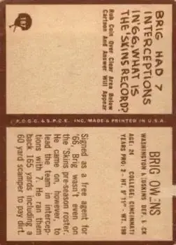 1967 Philadelphia #187 - Brig Owens - Washington Redskins - Back 1967 Philadelphia #187 - Brig Owens - Washington Redskins - Back