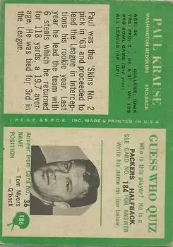 1966 Philadelphia #186 - Paul Krause - Washington Redskins - Back 1966 Philadelphia #186 - Paul Krause - Washington Redskins - Back
