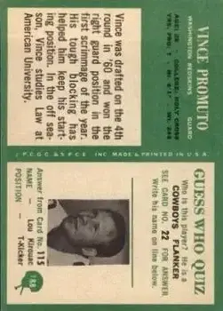 1966 Philadelphia #188 - Vince Promuto - Washington Redskins - Back