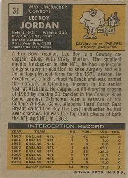 1971 Topps #31 - Lee Roy Jordan - Dallas Cowboys - Back