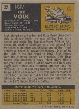 1971 Topps #32 - Rick Volk - Baltimore Colts - Back
