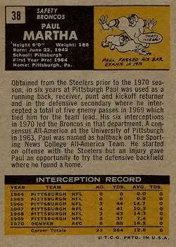1971 Topps #38 - Paul Martha - Denver Broncos - Back 1971 Topps #38 - Paul Martha - Denver Broncos - Back