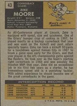 1971 Topps #43 - Zeke Moore - Houston Oilers - Back