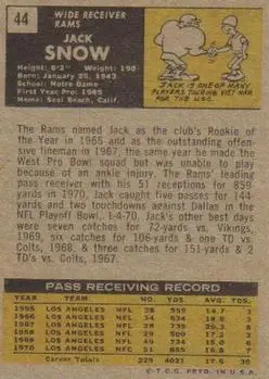 1971 Topps #44 - Jack Snow - Los Angeles Rams - Back