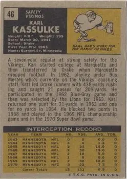 1971 Topps #46 - Karl Kassulke - Minnesota Vikings - Back 1971 Topps #46 - Karl Kassulke - Minnesota Vikings - Back