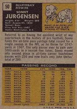 1971 Topps #50 - Sonny Jurgensen - Washington Redskins - Back