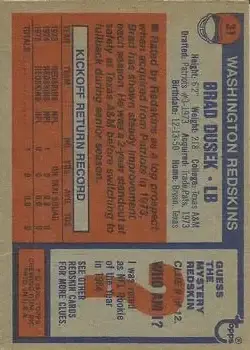 1976 Topps #31 - Brad Dusek - Washington Redskins - Back 1976 Topps #31 - Brad Dusek - Washington Redskins - Back