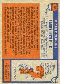 1976 Topps #33 - Larry Little - Miami Dolphins - Back