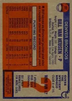 1976 Topps #37 - Bill Van Heusen - Denver Broncos - Back