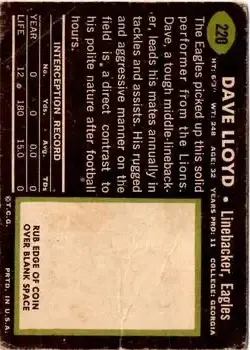 1969 Topps #220 - Dave Lloyd - Philadelphia Eagles