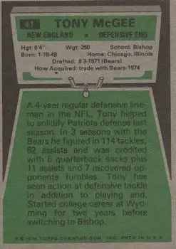 1975 Topps #41 - Tony McGee - New England Patriots - Back 1975 Topps #41 - Tony McGee - New England Patriots - Back