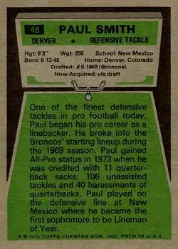 1975 Topps #45 - Paul Smith - Denver Broncos - Back