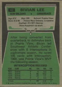 1975 Topps #47 - Bivian Lee - New Orleans Saints - Back