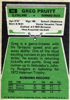 1975 Topps #49 - Greg Pruitt - Cleveland Browns - Back