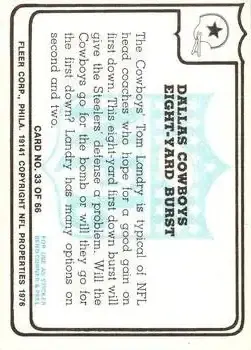 1976 Fleer Team Action #33 - Card #33 - Dallas Cowboys - Back