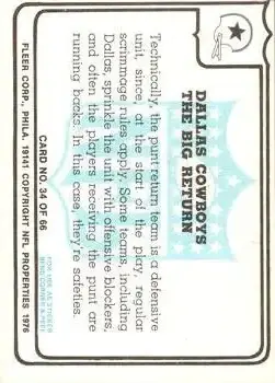 1976 Fleer Team Action #34 - Card #34 - Dallas Cowboys - Back