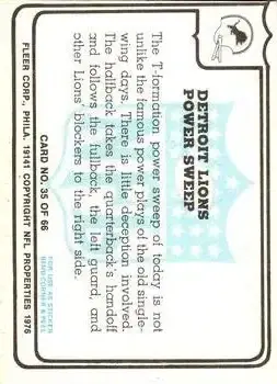 1976 Fleer Team Action #35 - Card #35 - Detroit Lions - Back