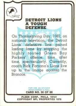 1976 Fleer Team Action #36 - Card #36 - Detroit Lions - Back