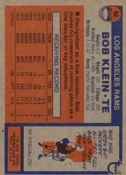 1976 Topps #42 - Bob Klein - Los Angeles Rams - Back
