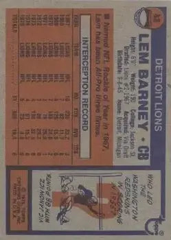 1976 Topps #43 - Lem Barney - Detroit Lions - Back