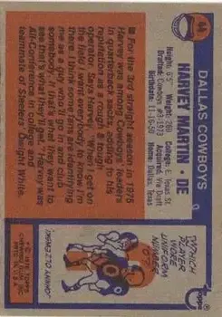 1976 Topps #44 - Harvey Martin - Dallas Cowboys - Back
