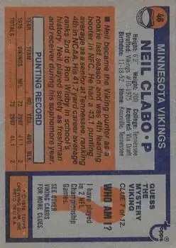 1976 Topps #46 - Neil Clabo - Minnesota Vikings - Back 1976 Topps #46 - Neil Clabo - Minnesota Vikings - Back