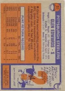 1976 Topps #51 - Glen Edwards - Pittsburgh Steelers - Back 1976 Topps #51 - Glen Edwards - Pittsburgh Steelers - Back
