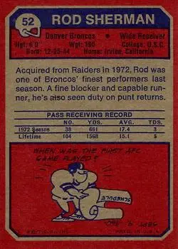 1973 Topps #52 - Rod Sherman - Denver Broncos - Back