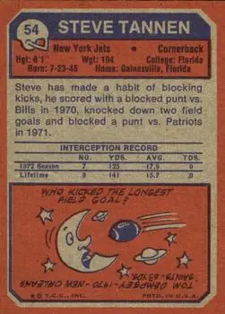 1973 Topps #54 - Steve Tannen - New York Jets - Back