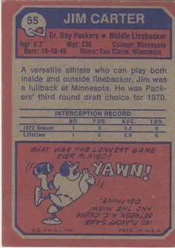 1973 Topps #55 - Jim Carter - Green Bay Packers - Back