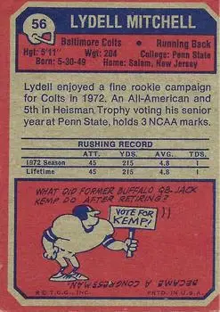 1973 Topps #56 - Lydell Mitchell - Baltimore Colts - Back