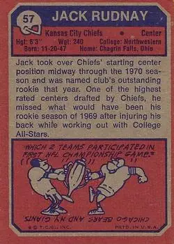 1973 Topps #57 - Jack Rudnay - Kansas City Chiefs - Back 1973 Topps #57 - Jack Rudnay - Kansas City Chiefs - Back