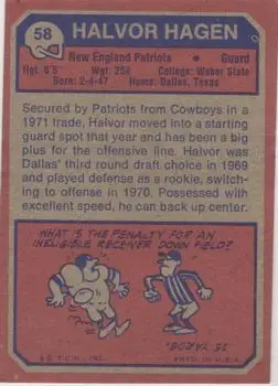 1973 Topps #58 - Halvor Hagen - New England Patriots - Back